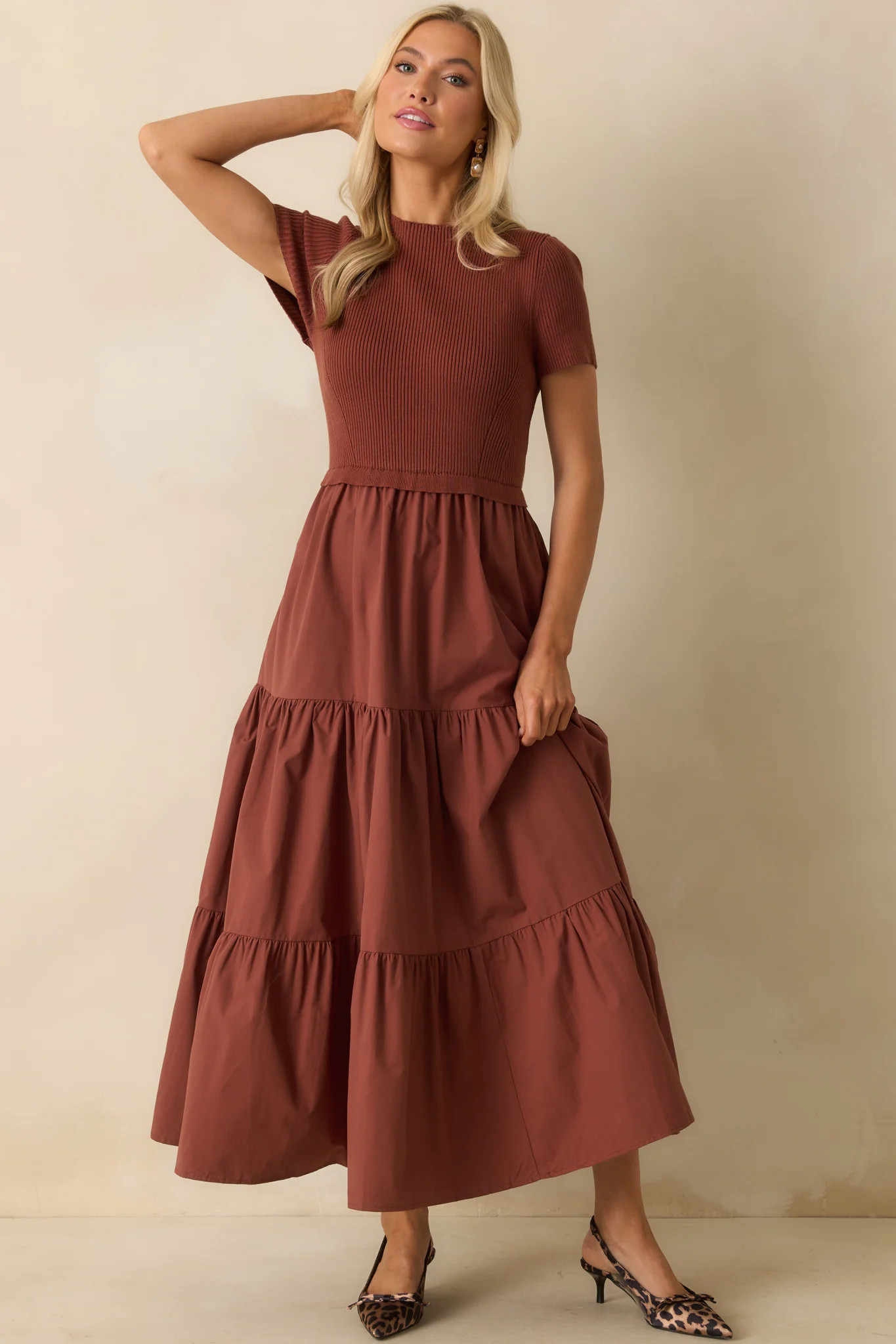 No Other Way Rust Ribbed Knit Bodice Short Sleeve Maxi Dress | Red Dress