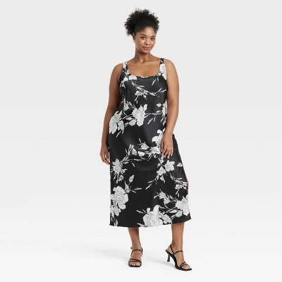 Women's Maxi Slip Dress - A New Day™ Black Floral 2X: Recycled Polyester, Lightweight Satin, Sleeveless, Scoopneck, Side Slit | Target