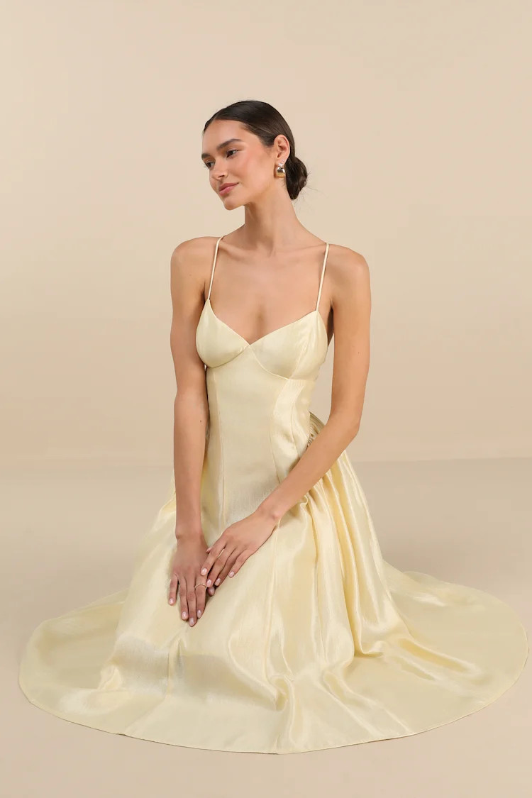 Paride Shiny Light Yellow Gathered Lace-Up Midi Dress | Lulus