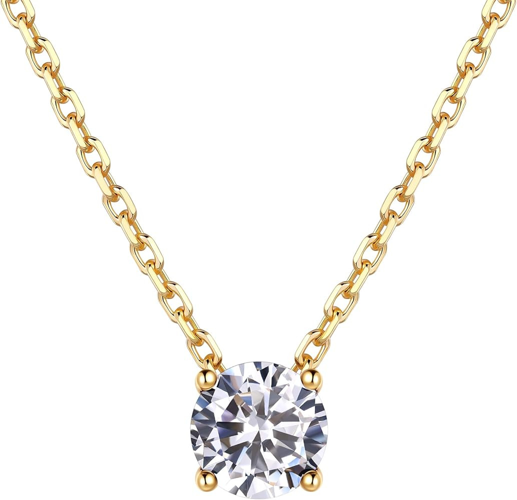 14K Gold Plated Crystal Solitaire 1.0 Carat(6.5mm) Birthstone Pendant Cubic Zirconia Necklace, Da... | Amazon (US)