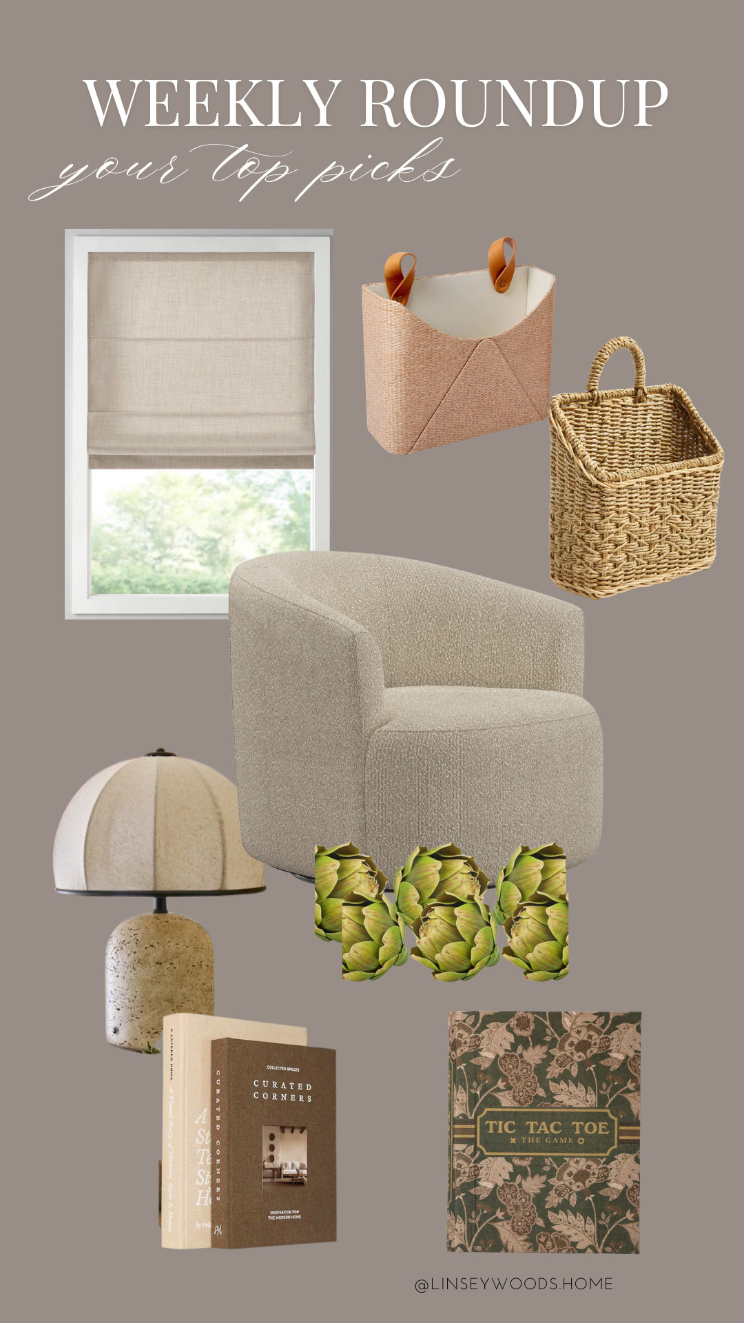 Last week's follower favorites including my favorite Walmart boucle swivel chair and table lamp, faux artichokes and coffee table books from amazon, affordable roman shade, and wall baskets from target!  

 #LTKHome