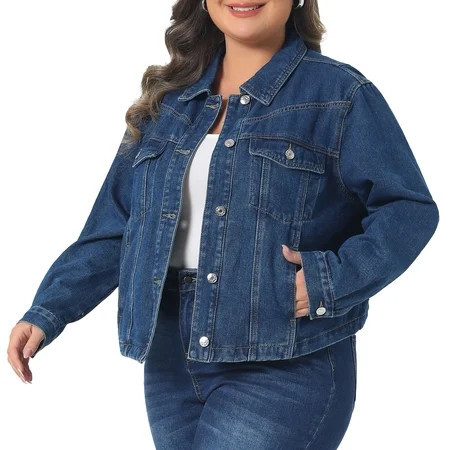 DARING DIVA Women s Plus Button Closed Long Sleeves Stitching Jean Jackets 1X Blue | Walmart (US)