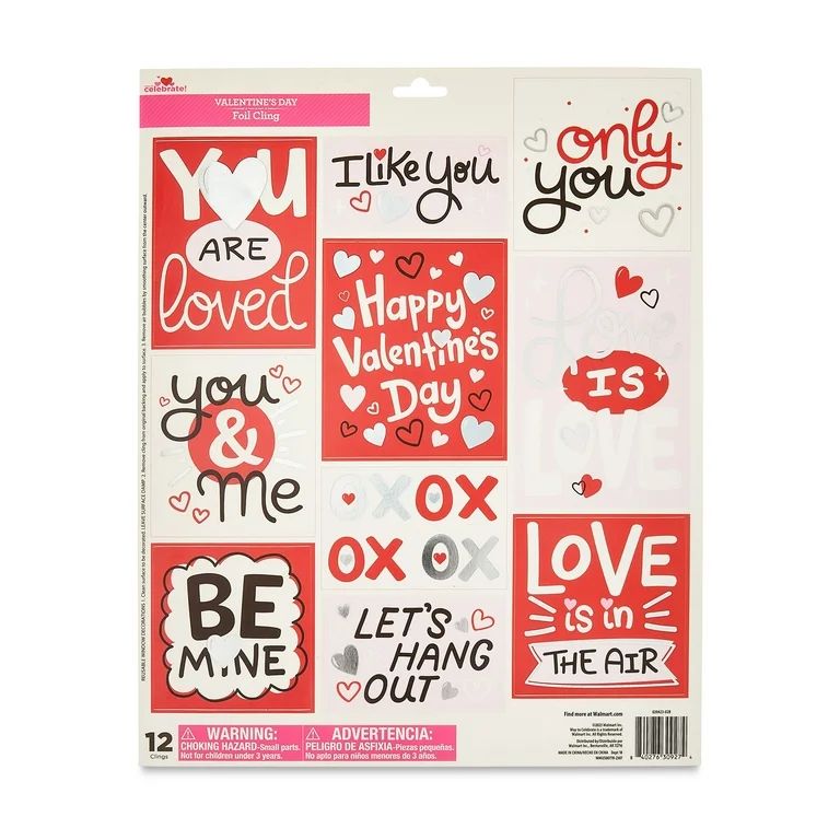 Valentine's Day 14.75" Red & White Patchwork Child’s Foil Clings by Way To Celebrate | Walmart (US)