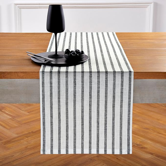 Solino Home Linen Table Runner 48 Inches - Madison Stripe 100% Pure Linen Black and White Farmhou... | Amazon (US)