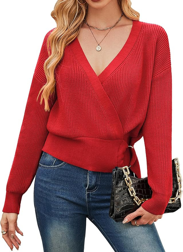 ECOWISH Women V Neck Belted Wrap Sweater Dressy Casual Long Sleeve Pullover | Metal Buckle Waist,... | Amazon (US)