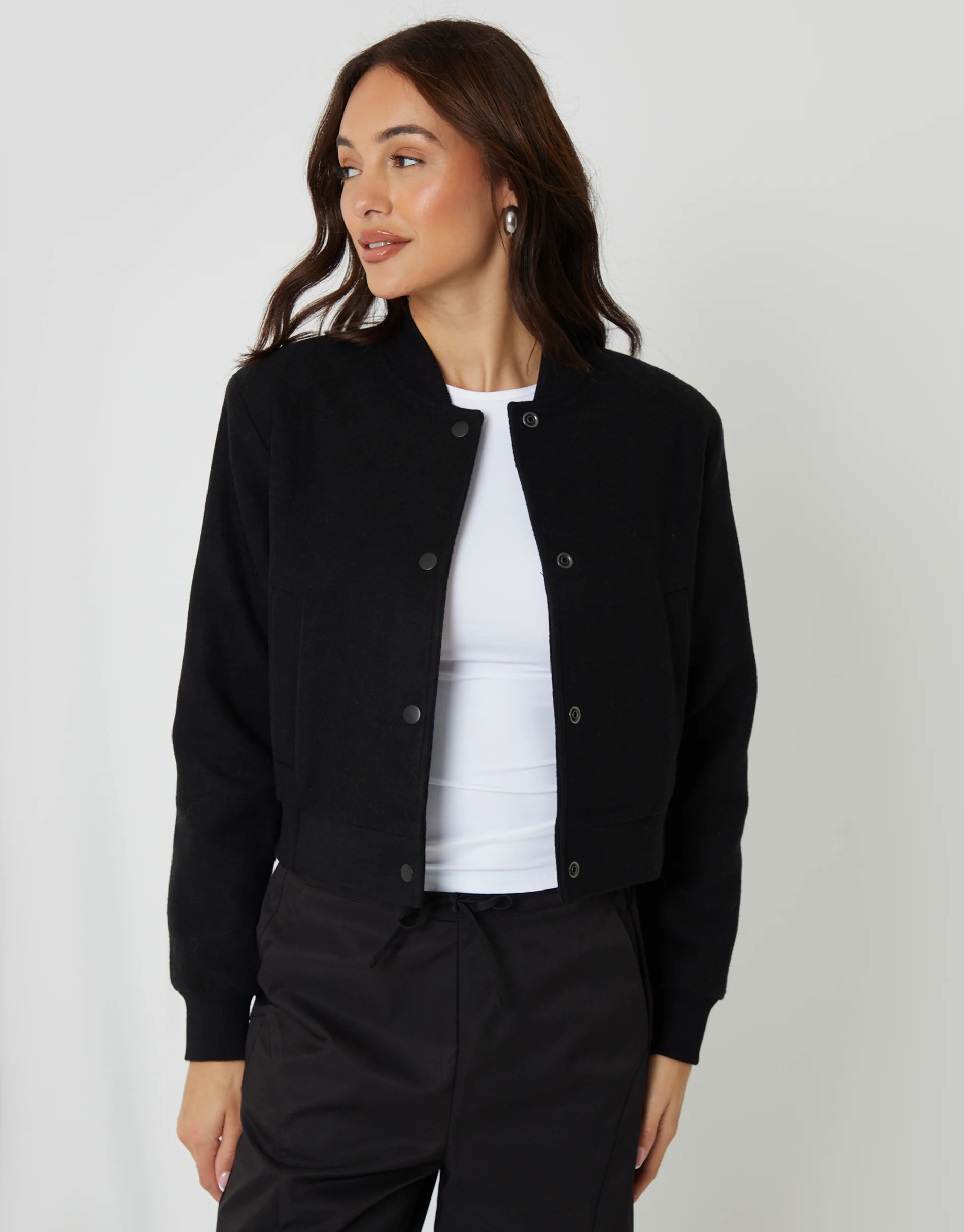 Black Faux Wool Bomber Jacket | Threadbare