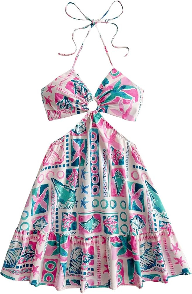 Floerns Women's Floral Halter Neck Vacation Dress Sleeveless Cut Out Boho Cami Dress | Amazon (US)