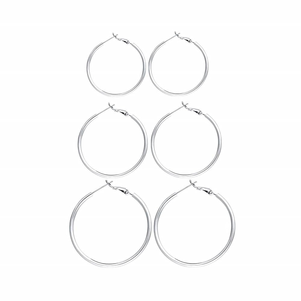 3 Pairs Sterling Silver Hoop Earrings, 14K White Gold Plated Big Hoop Earrings Set for Women 40 5... | Amazon (US)