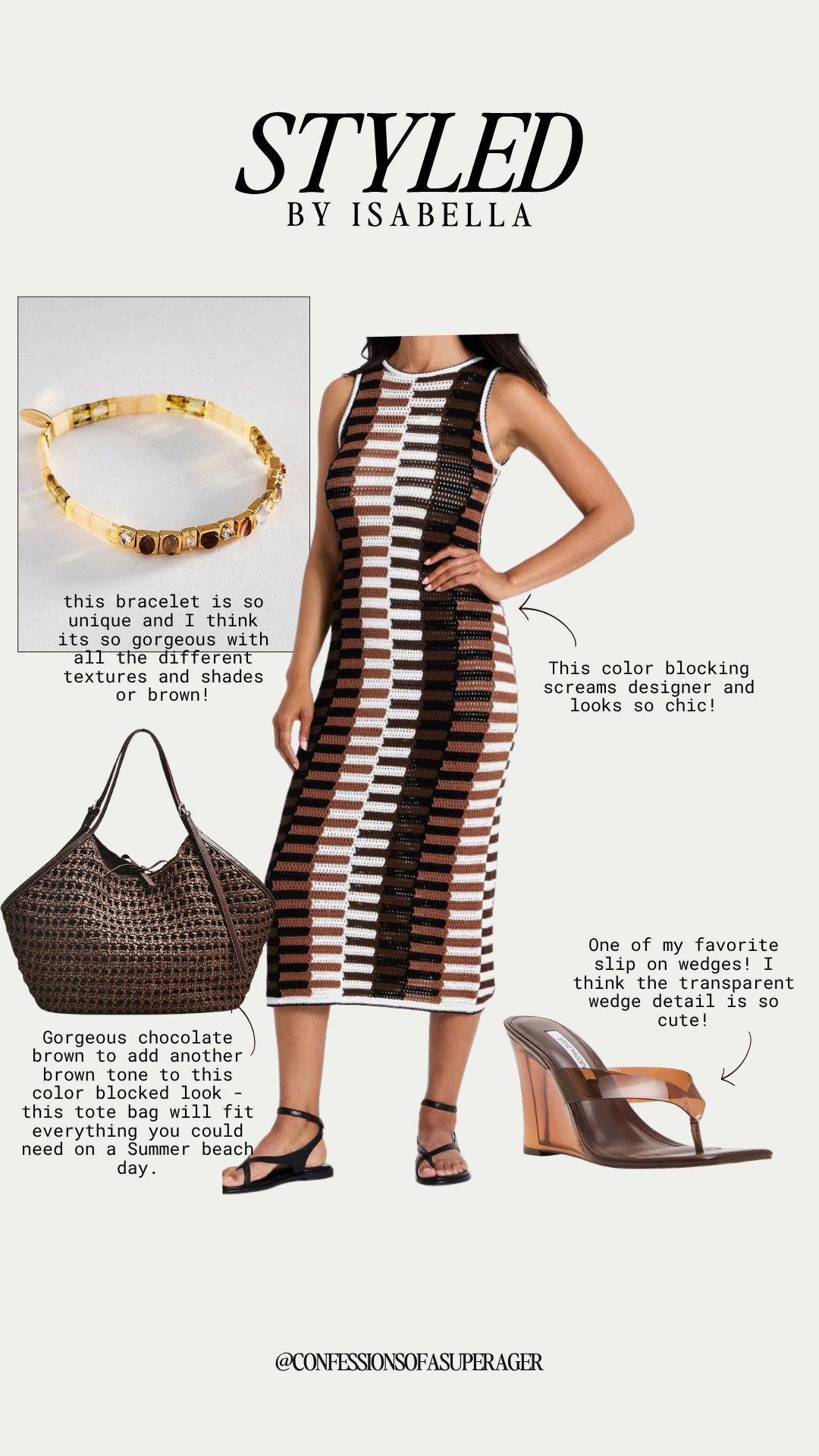 Chocolate brown is having a moment, and this color-block knit midi dress is the definition of effortless quiet luxury. 🤎 The flattering silhouette, rich neutral tones, woven tote, sculptural gold bracelet, and modern transparent wedge sandals create the perfect elevated look for vacation, brunch, summer events, date nights, and everyday chic style. Shop all my favorites linked on LTK @confessionsofasuperager before they’re gone! ✨ #LTKStyle #BrownOutfit #QuietLuxury #ChocolateBrown #KnitDress #MidiDress #ResortWear #VacationStyle #SummerFashion #NeutralStyle #LuxuryInspired #ClassicStyle #CapsuleWardrobe #FashionOver40 #Over40Style #TimelessFashion #ChicOutfit #DesignerInspired #EverydayStyle #ElegantStyle

#LTKSeasonal #LTKOver40 #LTKSaleAlert