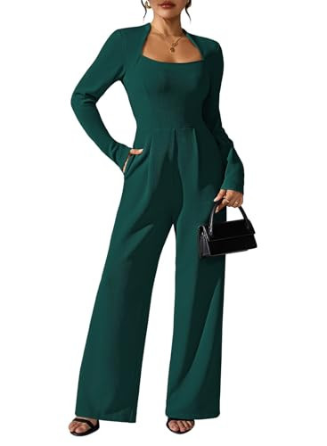 Pink Queen Scoop Neck Jumpsuits for Women Long Sleeve Wide Leg Rompers Cocktail Outfits Blackish Green S | Amazon (US)