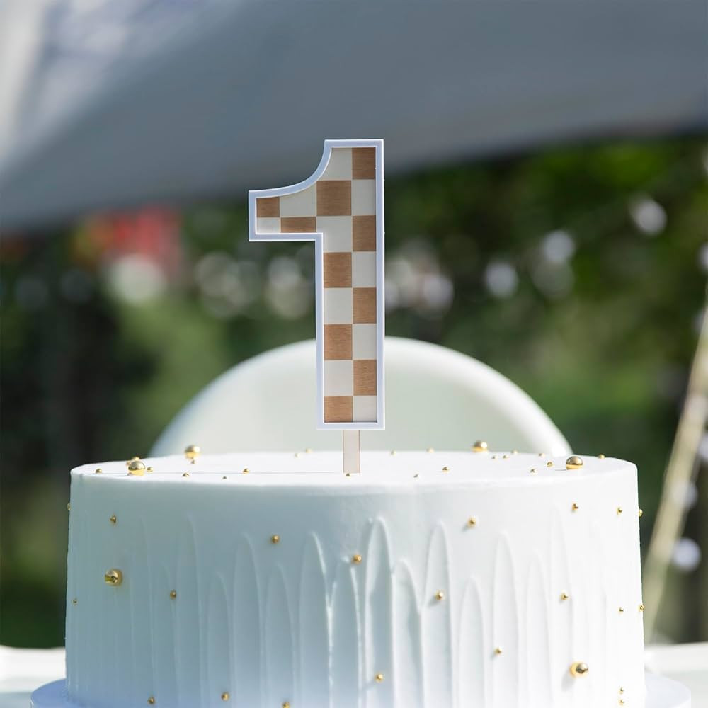 Wooden Checkered Cake Topper - 1st Birthday Party Decor, Number 1 Birthday Cake Topper, One Happy... | Amazon (US)