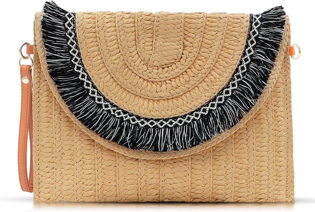 QTKJ Straw Clutch Purses, Crossbody Bags for Women, Black Tassel Edge Clutch Bags, Bohemian Envel... | Amazon (US)