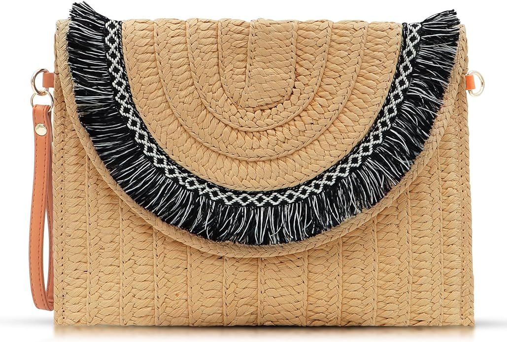 Straw Clutch Purses, Crossbody Bags for Women, Black Tassel Edge Clutch Bags, Bohemian Envelope P... | Amazon (US)