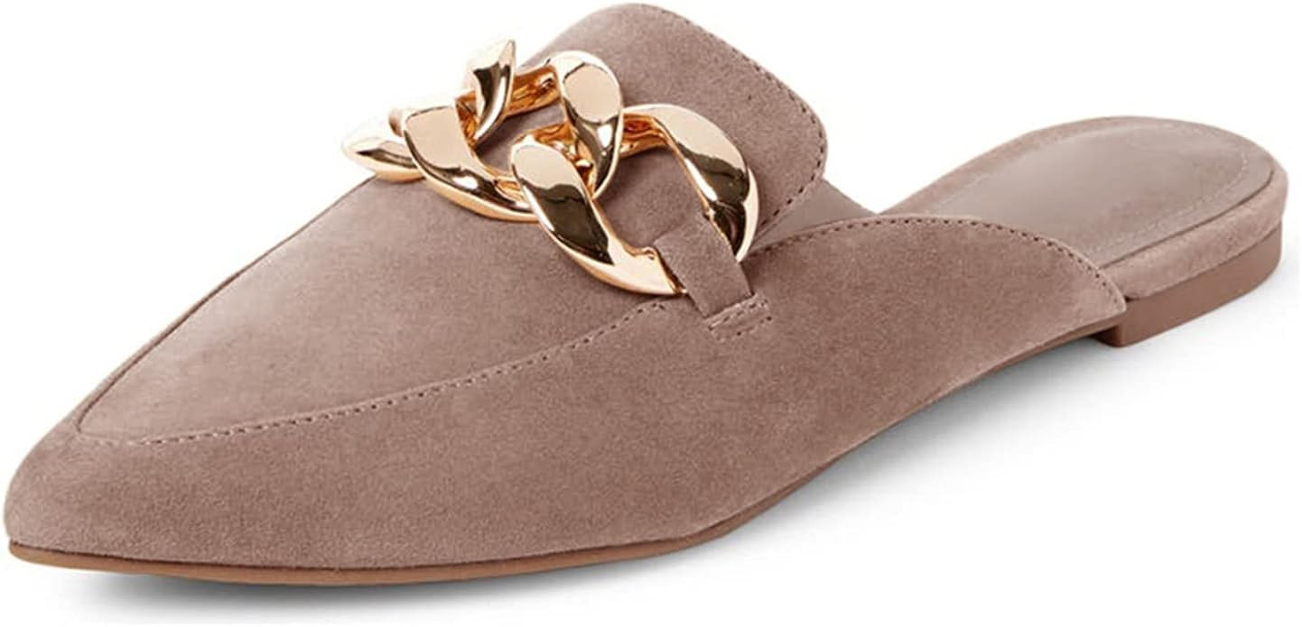 Mskilder Mules for Women Flats Metal Chain Pointed Toe Slip-on Backless Loafers Slides Flat Shoes | Amazon (US)