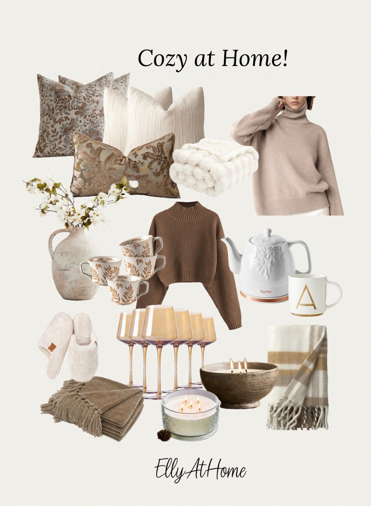 Fall cozy at home! Soft throw blankets, neutral throw pillows, cozy sweaters, slippers, tea kettle, pretty cups, wine glasses, candles and more cozy fall finds! Amazon, Target, Pottery Barn.