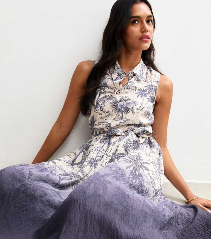White Blue Ombre Palm Tree Print Midi Shirt Dress | New Look | New Look (UK)