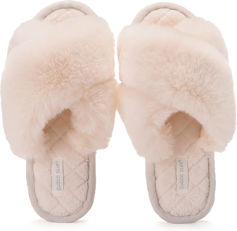 Women's Cross Band Fuzzy Slippers Open Toe Comfy Soft Cozy Plush Furry Fleece House Shoes Sandals... | Amazon (US)
