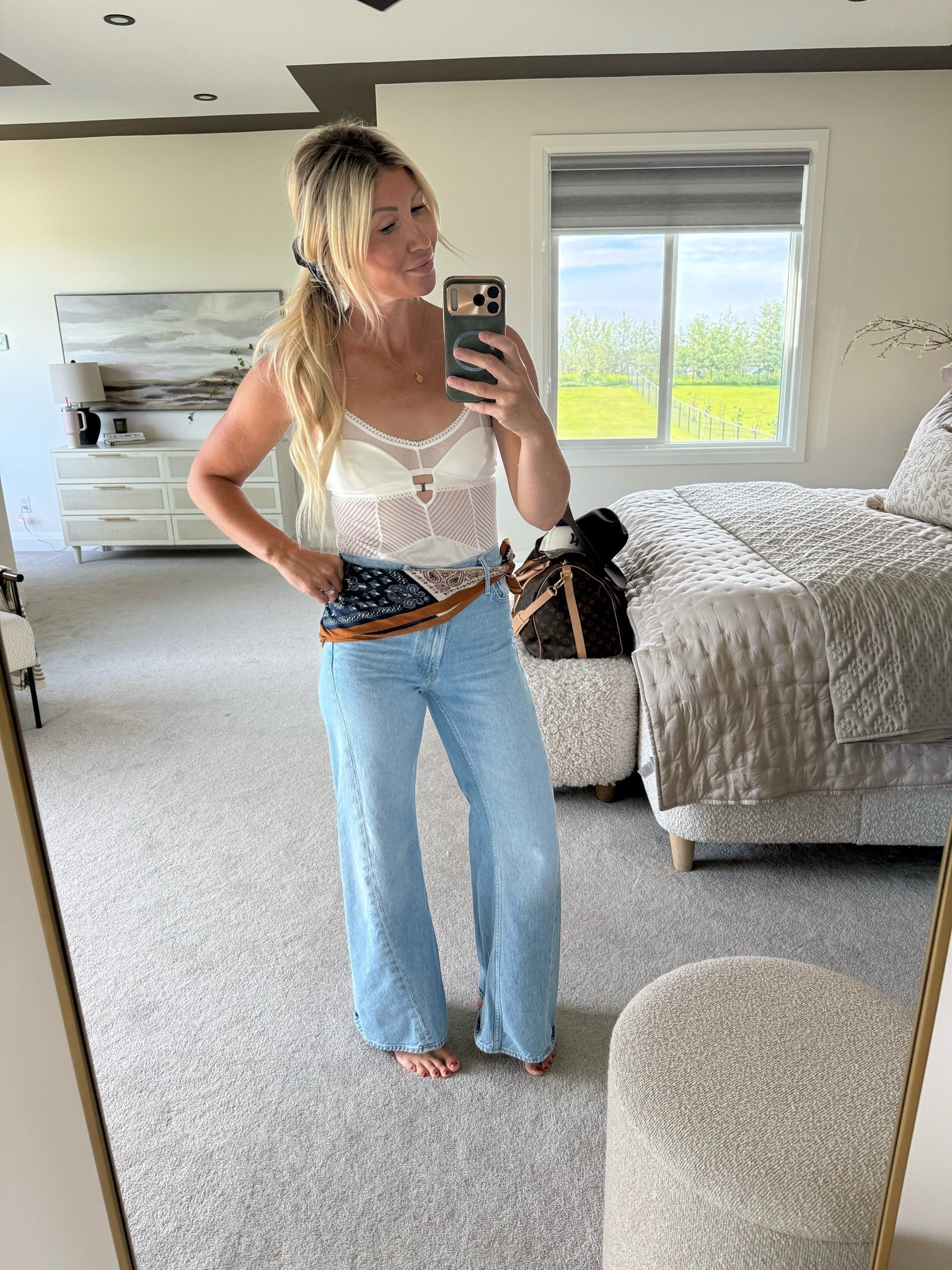 These jeans run a bit big I sized down but man are they gorgeous. They also have stretch! Bodysuit is sold out from free people! I linked up some similar add a  bandana and super cute fit! Bandana can be styled so many ways!

#LTKcanada #LTKjeans #LTKsummer
