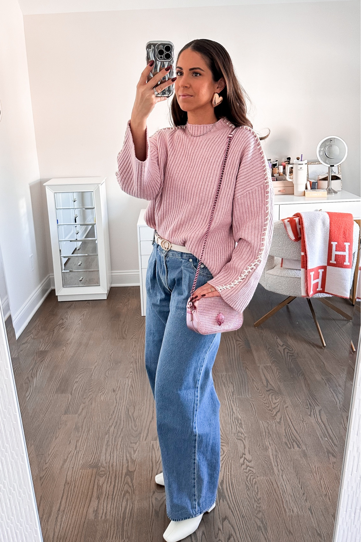 My Valentine’s Day Look!

Pink Contrast Stitch Sweater: Halogen (I sized up to an XL).  Also 35% off!
Pleated Baggy Dad Jeans: Levi’s (on sale with an extra 40% off at checkout)
White Patent Boot: Journee for DSW (on sale for $64.99 with an extra $10 off with code: SWEETDEAL)
Bag: Kurt Geiger (linking similar)
Rose Gold Puffy Heart Earrings: Jennifer Fisher

#LTKsalealert #LTKSeasonal #LTKitbag