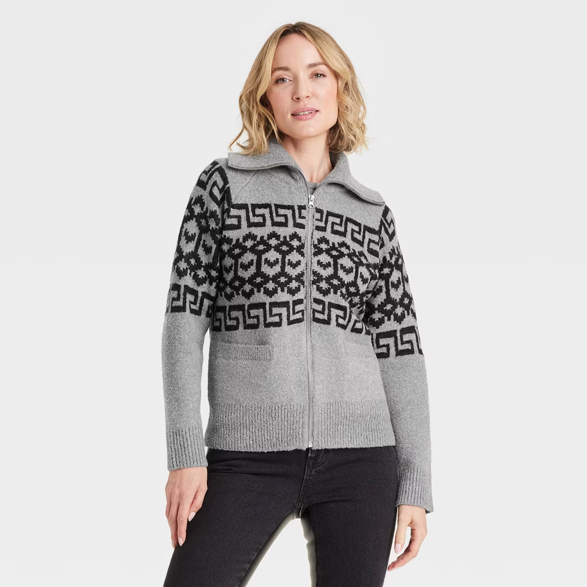Women's Zip-Up Cardigan - Universal Thread™ Heather Gray Zig Zag M | Target