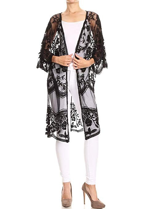 Anna-Kaci Womens Long Embroidered Lace Kimono Cardigan with Half Sleeves | Amazon (US)