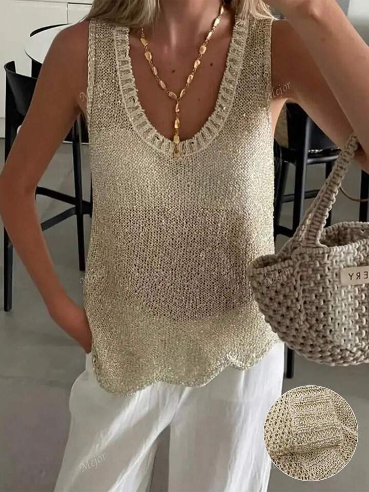 Women Frenchy Fashionable Casual Cute Sparkly See Through Textured Asymmetrical Hem Round Neck Sl... | SHEIN