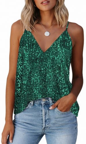 EUDOLAH Sequin Tops for Women Sparkle Camisole Shimmer Sleeveless V Neck Tanks Sexy Party Cami Going Out Outfits DarkGreen, Size L | Amazon (US)