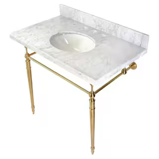 Edwardian 36 in. Console Sink with Brass Legs (8 in., 3 Hole) in Marble White/Brushed Brass | The Home Depot