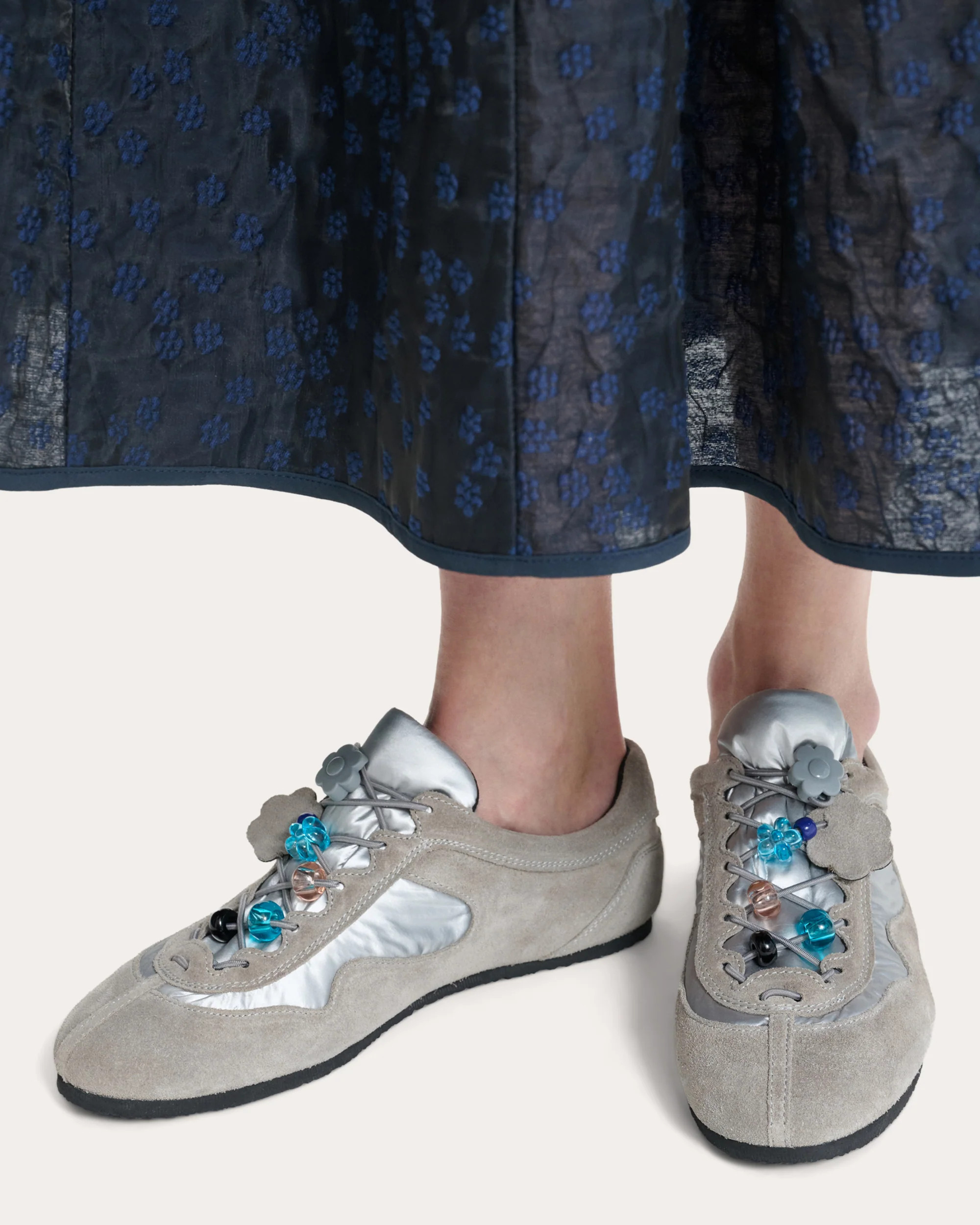 Cecilie Bahnsen Women's Blaise Beaded Suede Combo Sneaker in Silver Suede/Rubber/Polyester | Olivela