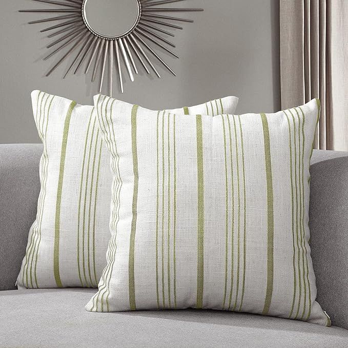 Sunlit Decorative Farmhouse Throw Pillow Case, Set of 2 Cream/Off-White with Olive Green Stripes ... | Amazon (US)