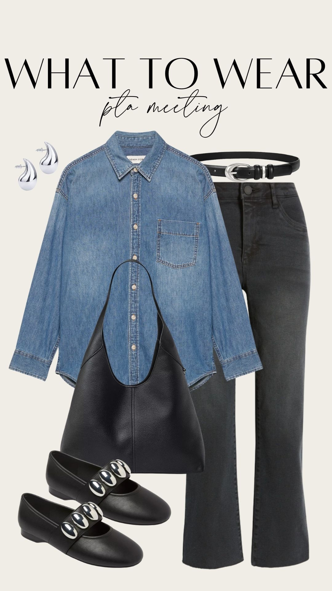 What to Wear: PTA Meeting 

Long sleeve denim button down top. Black denim jeans. Black mary jane ballet flat with silver hardware. Teacher outfit 

 

#LTKOver40 #LTKWorkwear #LTKFindsUnder50