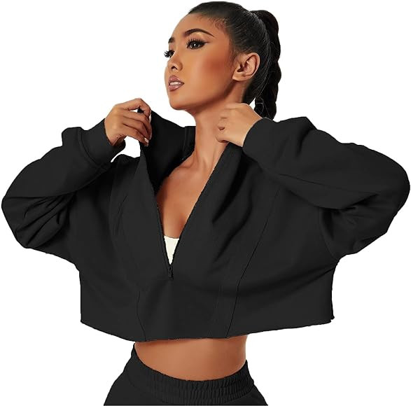 HerGymClothing Womens Cropped Sweatshirt Long Sleeve Half Zip Loose Workout Crop Athletic Jacket | Amazon (US)