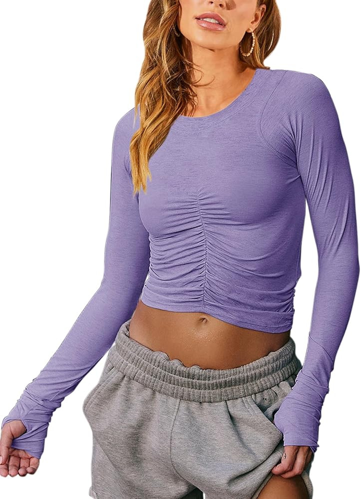 Vivitulip Women’s Long Sleeve Shirts Basic Fall Ruched Slim Fitted Crop Tops Tight Athletic Blo... | Amazon (US)