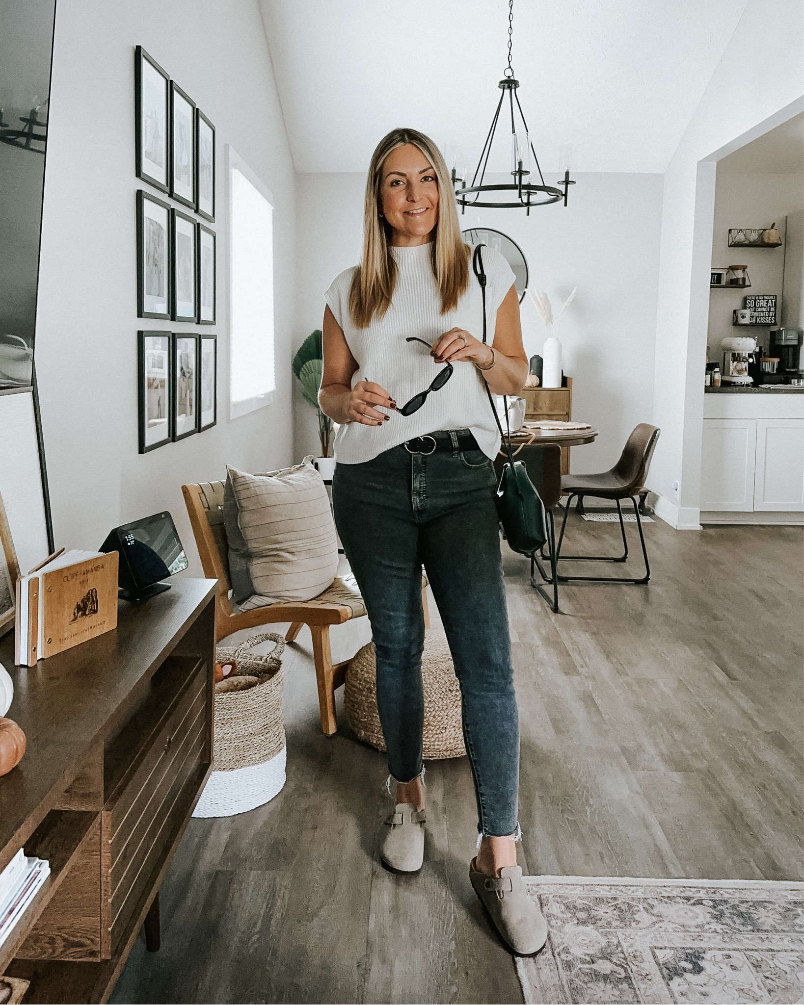Early fall outfit!  
Short sleeve sweater, black jeans, Birkenstock clogs, black accessories 
#birkenstocks
#falloutfit


#LTKstyletip #LTKshoecrush