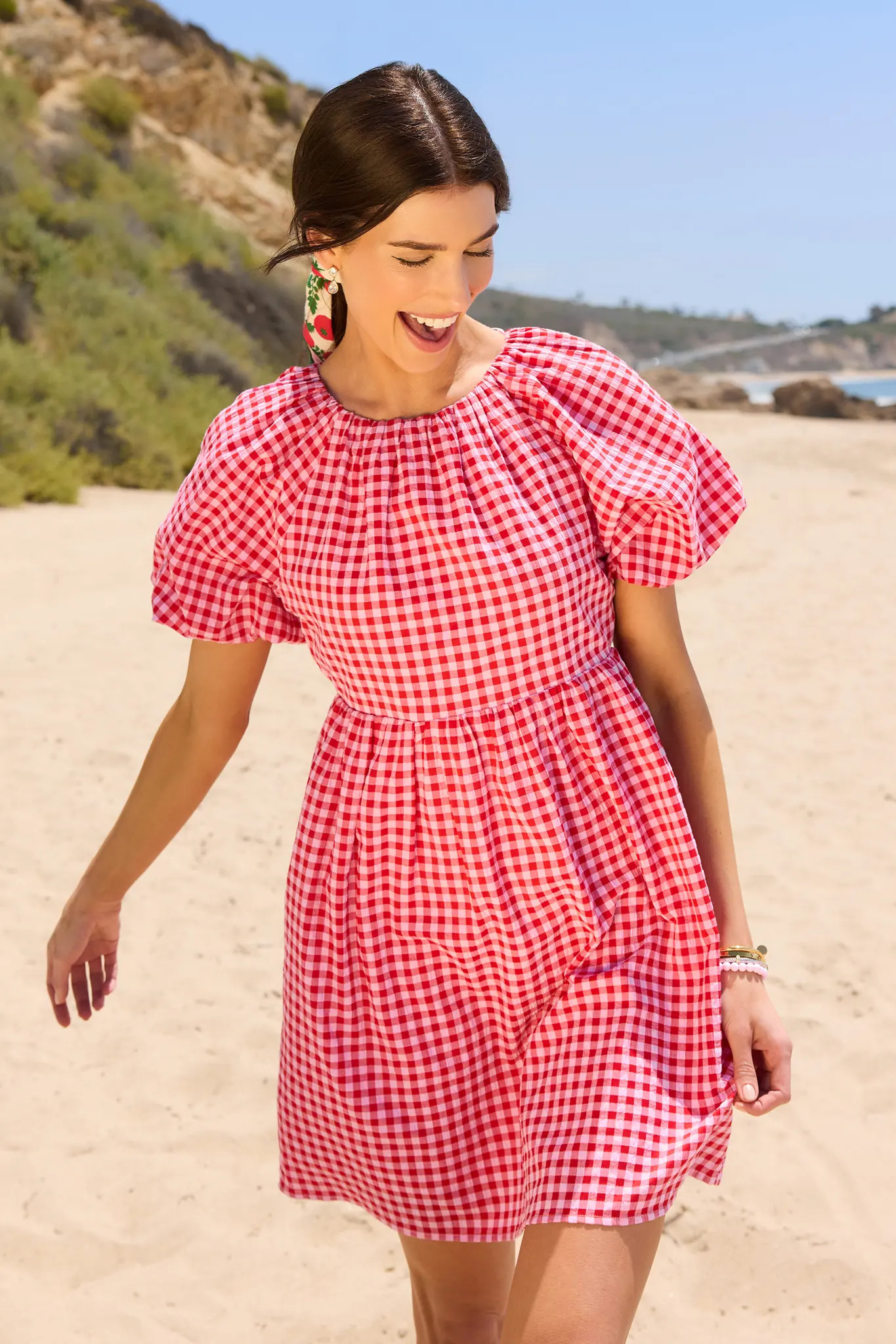 Red Gingham Puff Sleeve Short Dress | Avara