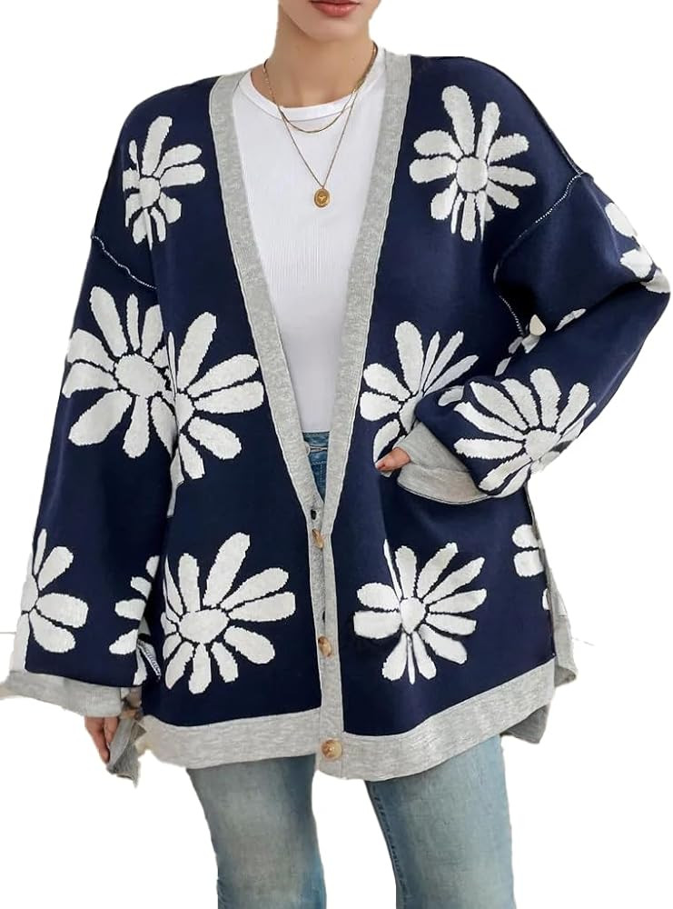 Women's Contrast Trim Knitted Cardigan Daisy Print Sweater Cardigan Oversized Coats with Pockets ... | Amazon (US)