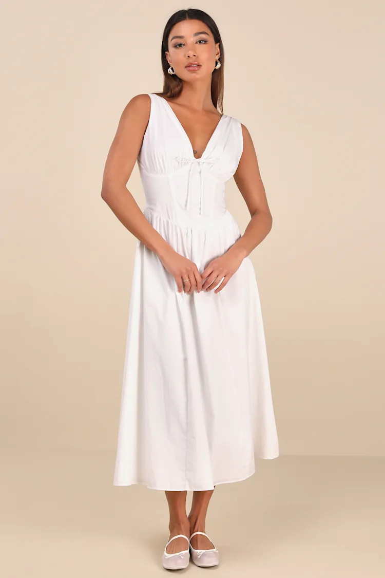 Lettie White Poplin Plunge Neck Midi Dress | Lulus