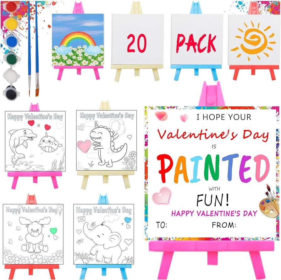 Valentines Day Gifts for Kids - Valentines Cards for Kids Classroom - 20 Pack Canvas Easel Set, K... | Amazon (US)