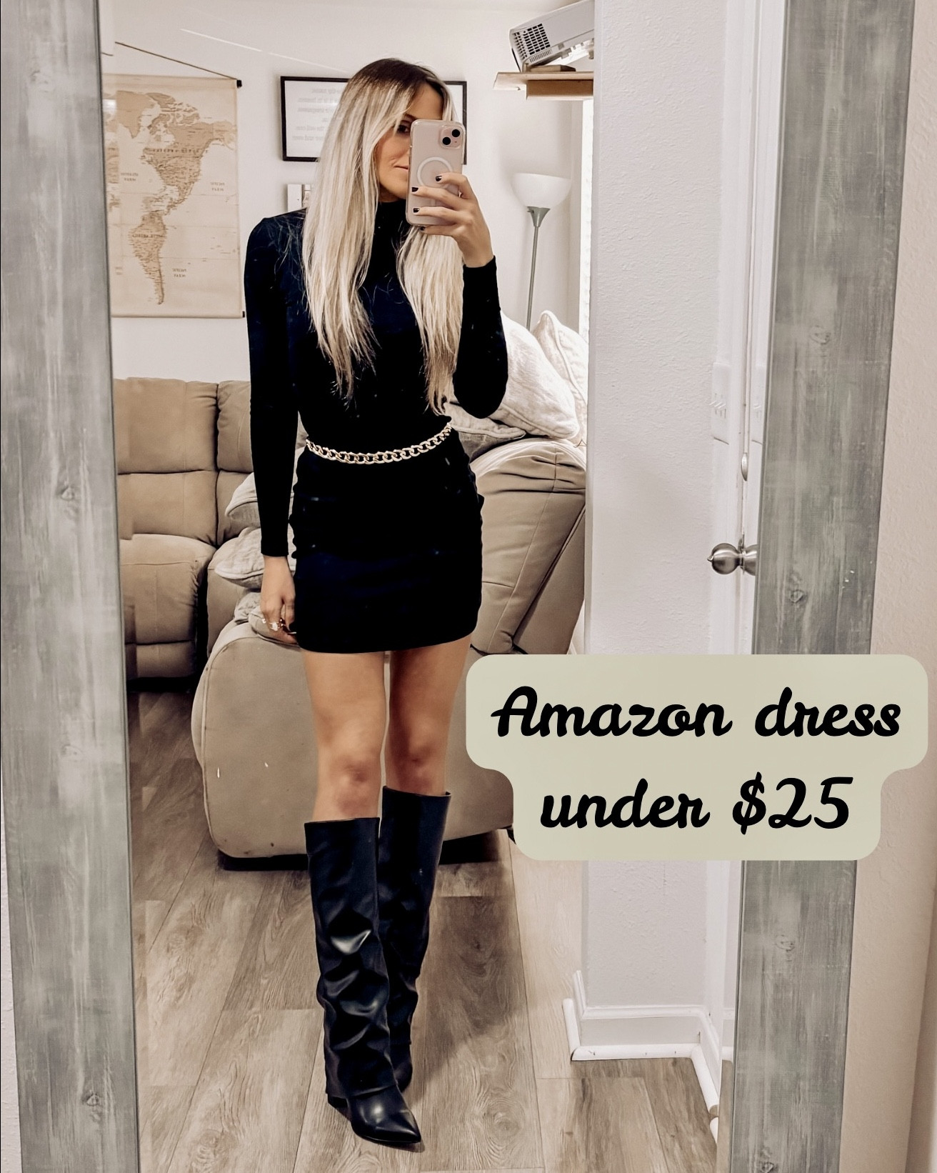 This sleek little black dress is on sale for under $25 and perfect for all of your holiday outings or a night out on the town. It is cotton and ribbed, so you could also dress it down for a casual chic look. I dressed it up with a gold chain belt and Marc Fisher boots from DSW! Don’t miss these Cyber Week/Cyber Monday sales!

#LTKCyberWeek #LTKSaleAlert #LTKFindsUnder50