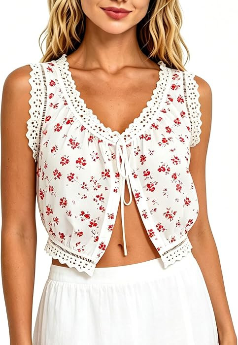 Women Floral Print Tank Top Cute Ruched Open Front Crop Shirt Sleeveless Pleated Ruffle Tank Top Summer Streetwear | Amazon (US)
