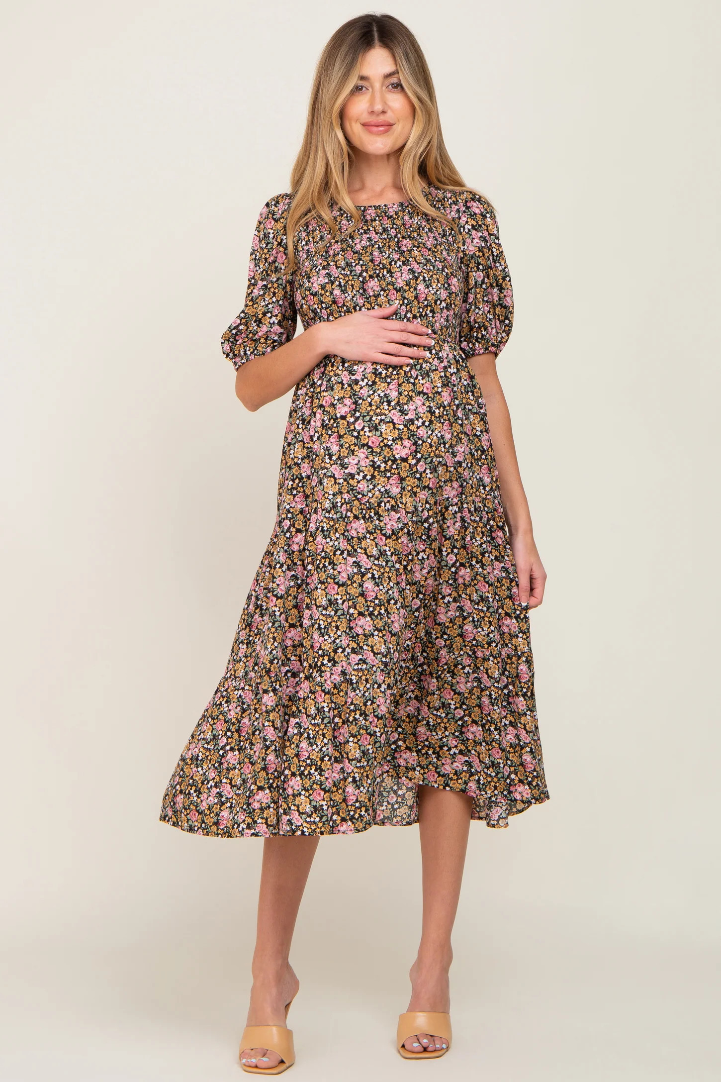 Multi-Color Floral Smocked Tiered Maternity Midi Dress | PinkBlush Maternity