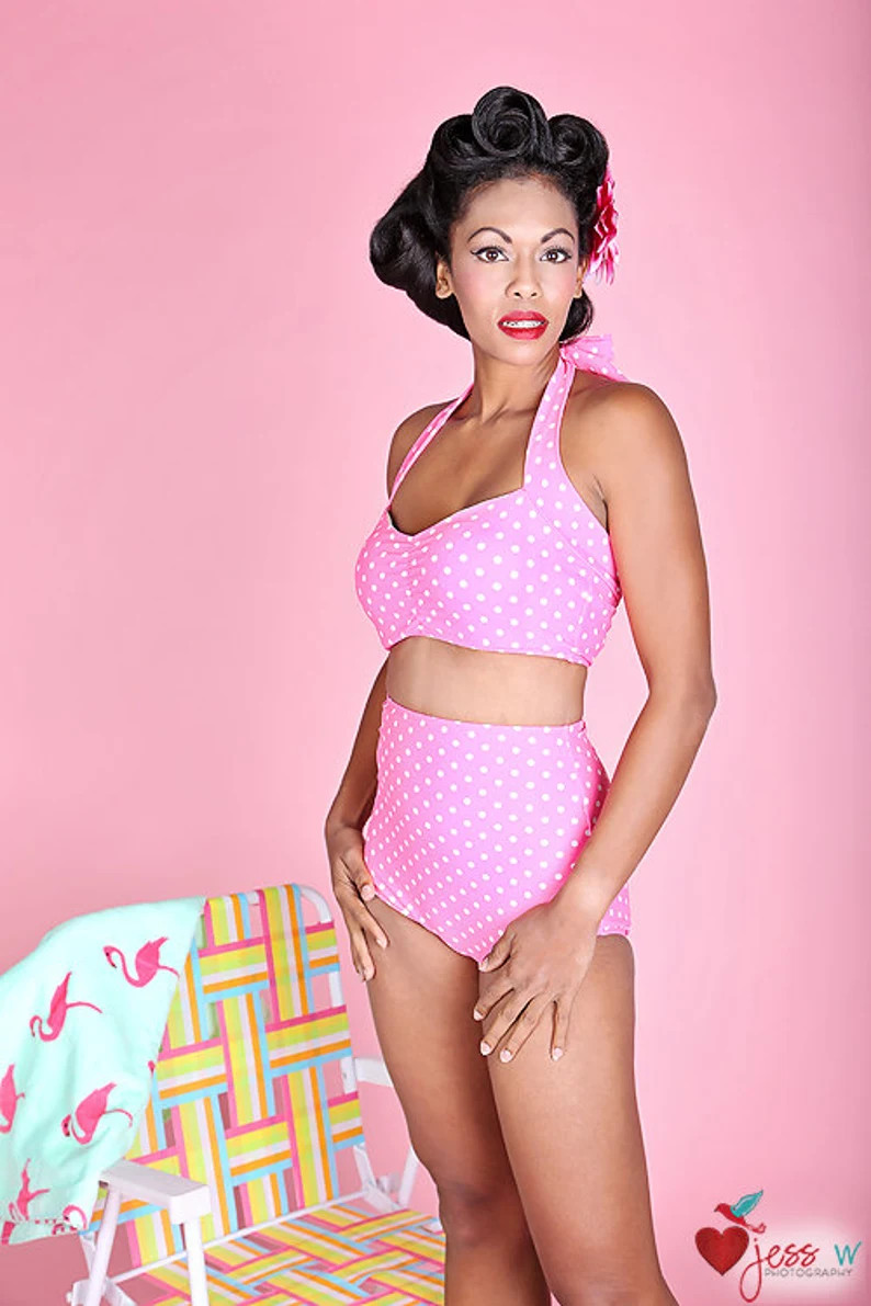 Red Dolly Pink & White polka dot Womens Retro Pin up High waist bikini Two piece swimsuit | Etsy (US)