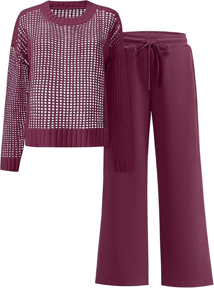 ANRABESS Womens 2 Piece Outfits Crochet Sheer Knit Sweater Top Wide Leg Pants Lounge Set Sweatsui... | Amazon (US)