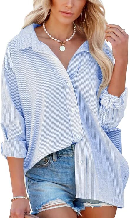 Flowyair Women's Oversized Button Down Shirts Business Casual Long Sleeve Blouse Work Striped Top... | Amazon (US)