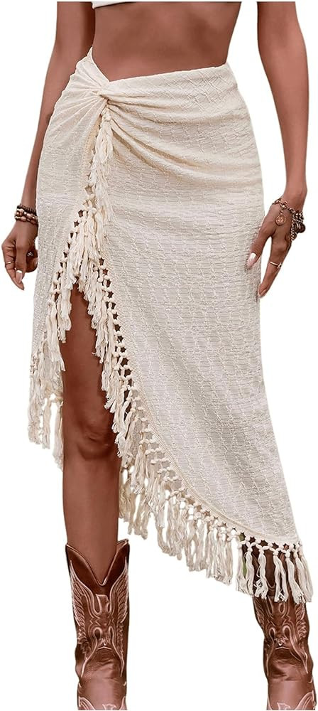 SHENHE Women's Twist Front High Slit Fringe Skirt Asymmetrical Tassel Boho Midi Skirt | Amazon (US)