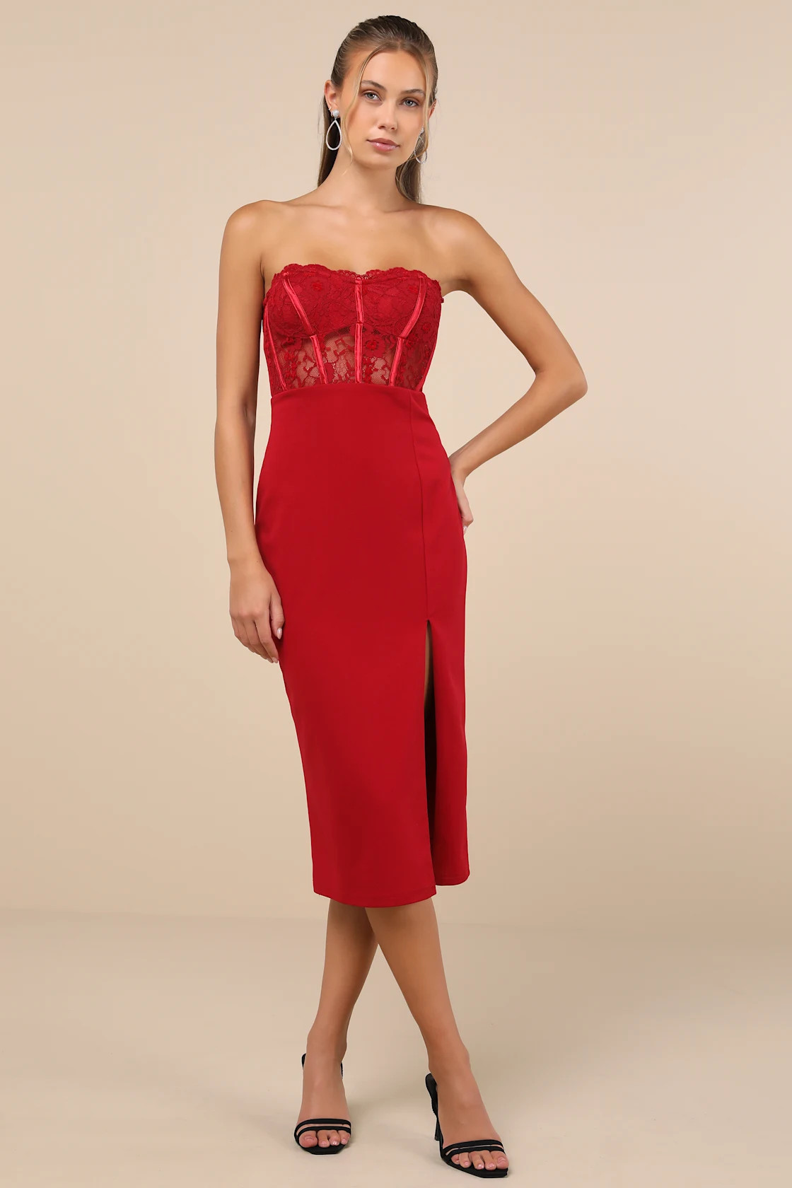 Exquisitely Sultry Wine Red Lace Strapless Bustier Midi Dress | Lulus