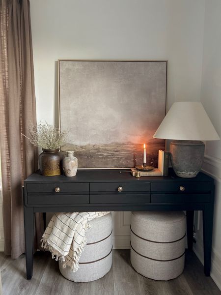 Target decor, dining room decor, entryway decor, black console table, wooden console table, black table lamp, wall art, table art, ottoman, throw blanket, drapes, curtains, neutral decor, dried grasses, dried florals, vase, candlesticks, studio McGee decor

#LTKhome #LTKunder100 #LTKsalealert