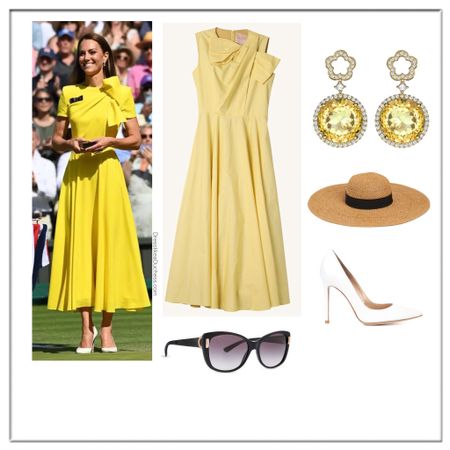 Kate Middleton yellow Roksanda,  LK Bennett straw hat, Bvlgari sunglasses 