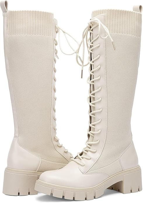 Vepose Women's 953 Knee High Combat Boots Chunky Platform Heel, Lace Up Gothic Punk Work Boots fo... | Amazon (US)