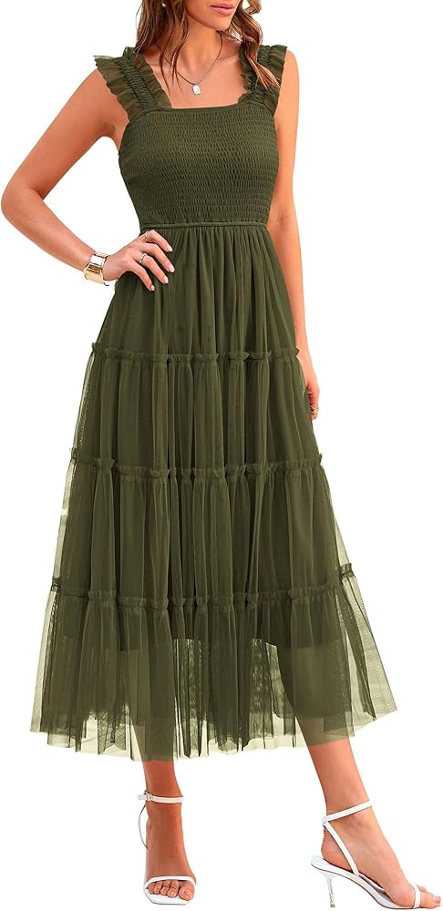 PRETTYGARDEN Women's 2024 Summer Midi Dress Casual Sleeveless Smocked Ruffle Tulle Flowy Party We... | Amazon (US)